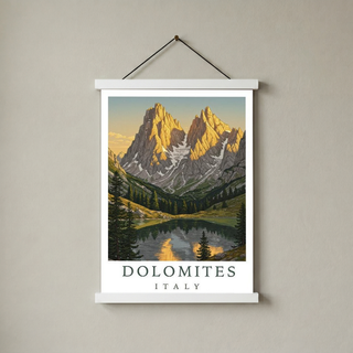 Dolomites Italy Travel Poster — Vintage Alpine Mountain Lake Print