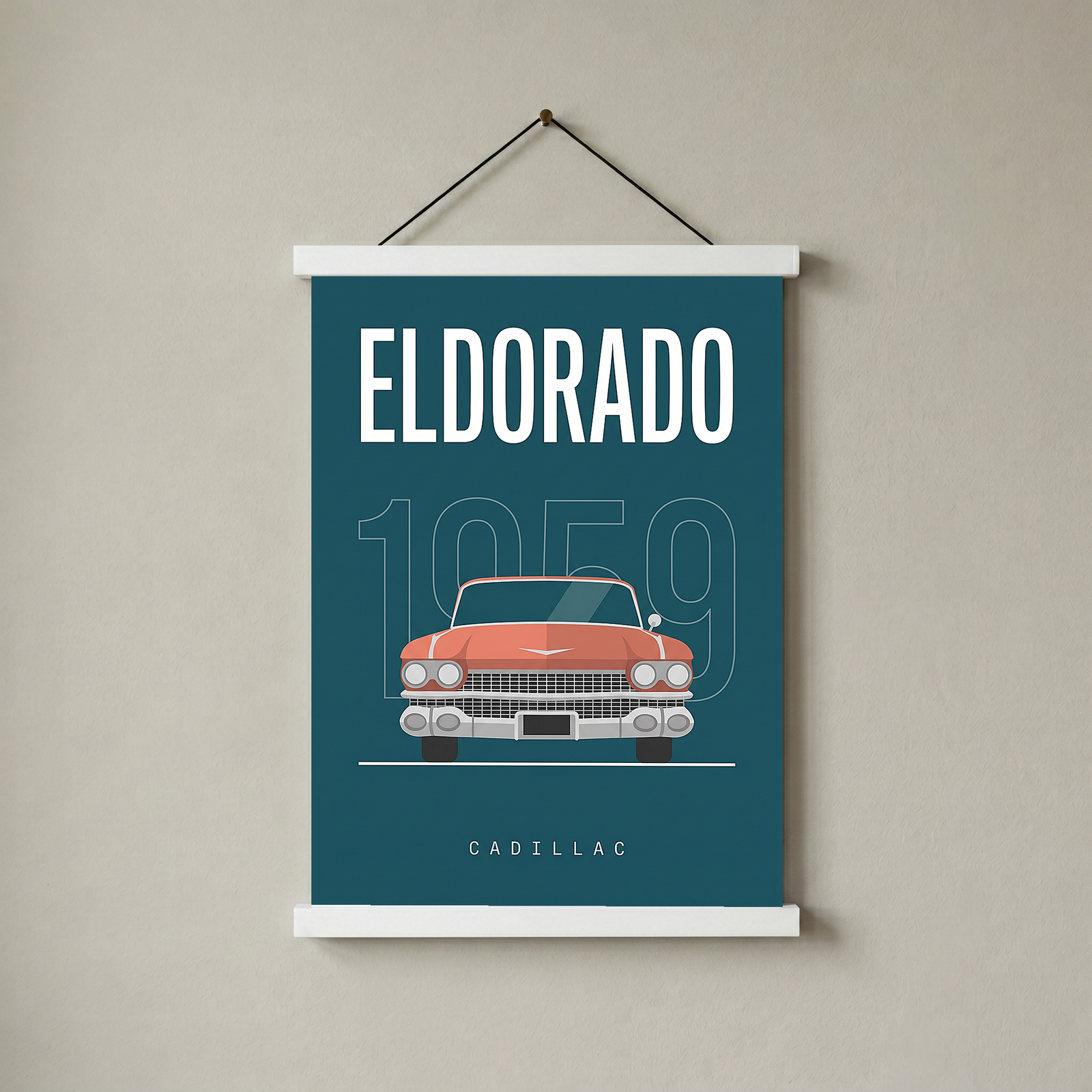 Cadillac Eldorado 1959 Minimalist Poster — Teal Tail-Fin Classic Line Art