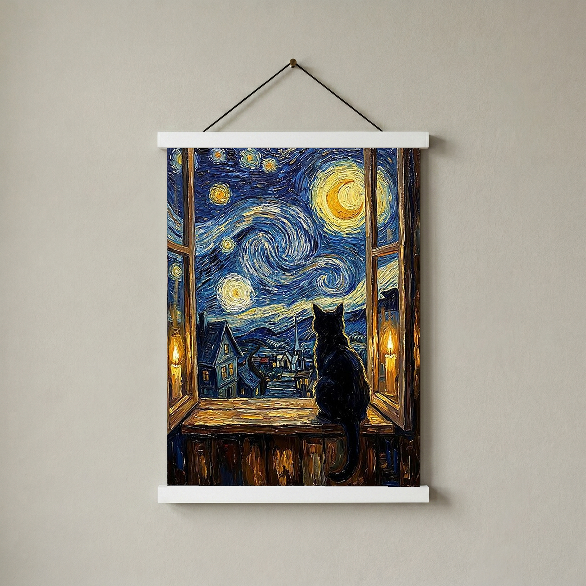 Black Cat Window Print — Van Gogh Starry Night Cozy Cottage Wall Art