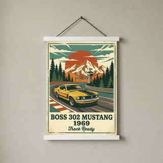 Boss 302 Mustang 1969 Poster — Vintage Muscle Car Race Track Print