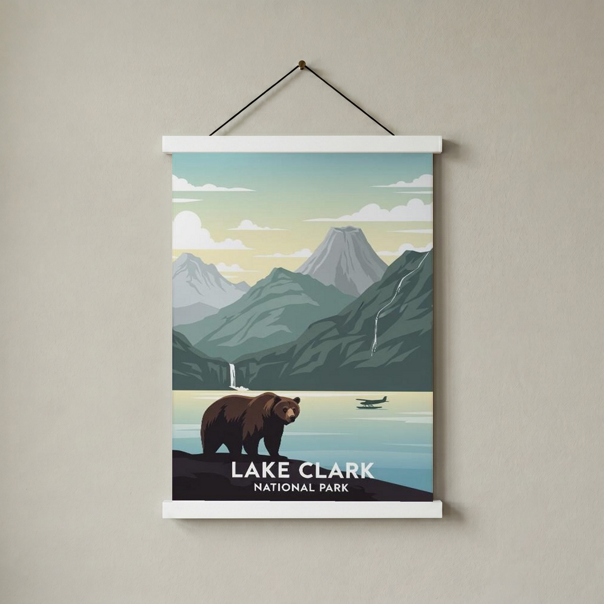 Lake Clark National Park Poster — Vintage Alaska Brown Bear Floatplane Print