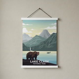 Lake Clark National Park Poster — Vintage Alaska Brown Bear Floatplane Print