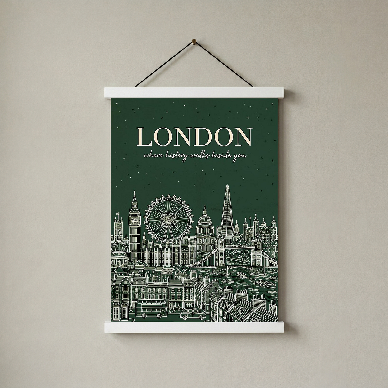 London Line Art Print — Forest Green Big Ben London Eye Skyline Wall Art