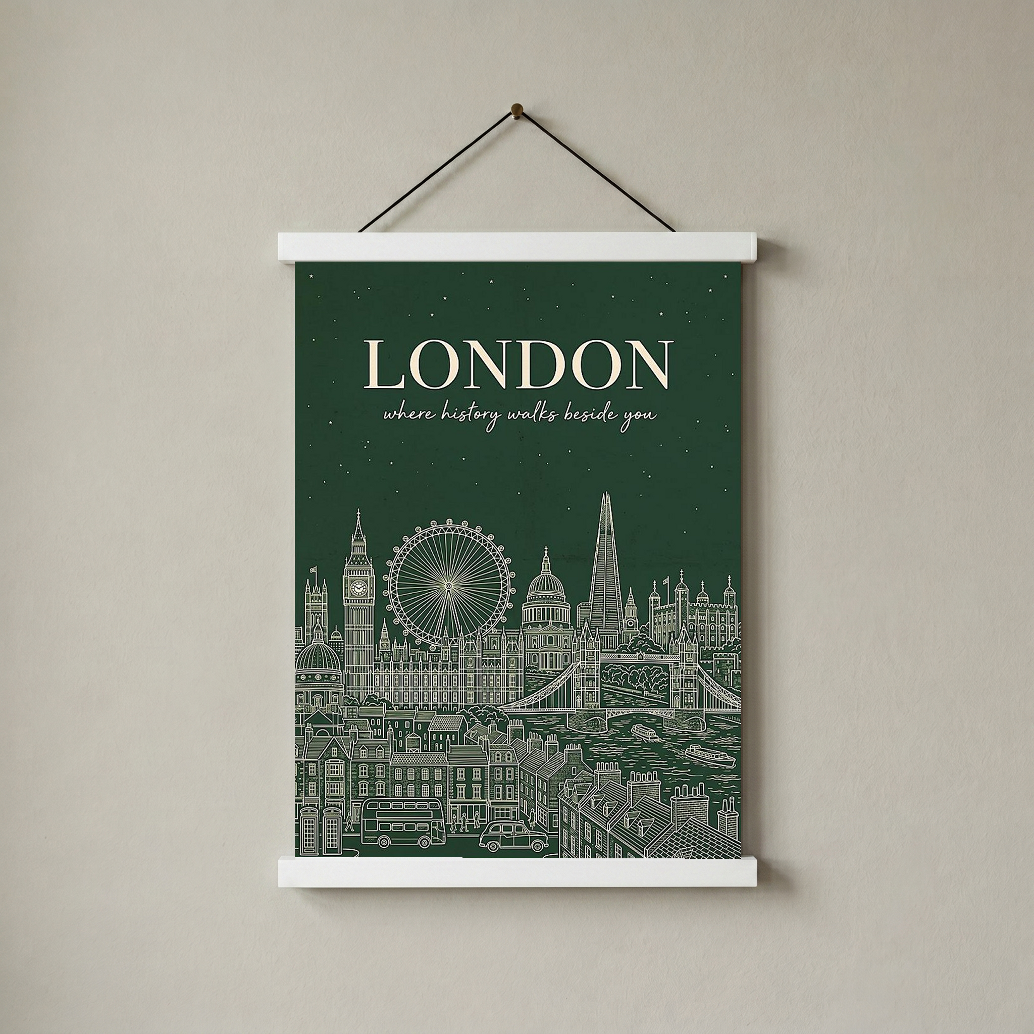 London Line Art Print — Forest Green Big Ben London Eye Skyline Wall Art