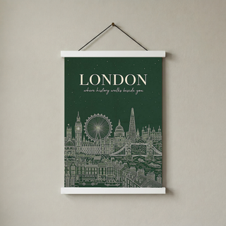 London Line Art Print — Forest Green Big Ben London Eye Skyline Wall Art