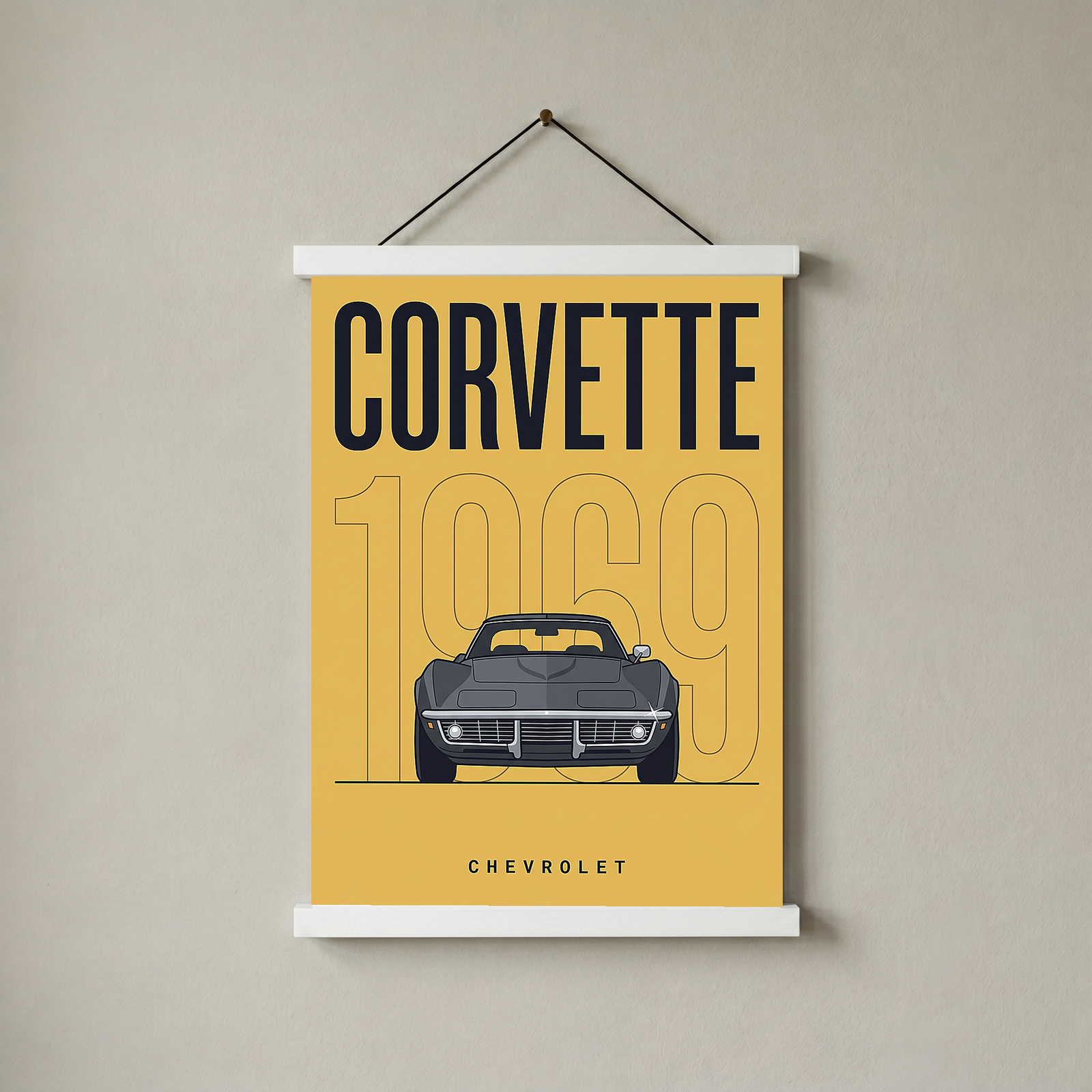 Chevrolet Corvette 1969 V2 Yellow Minimalist Poster — Muscle Car Line Art