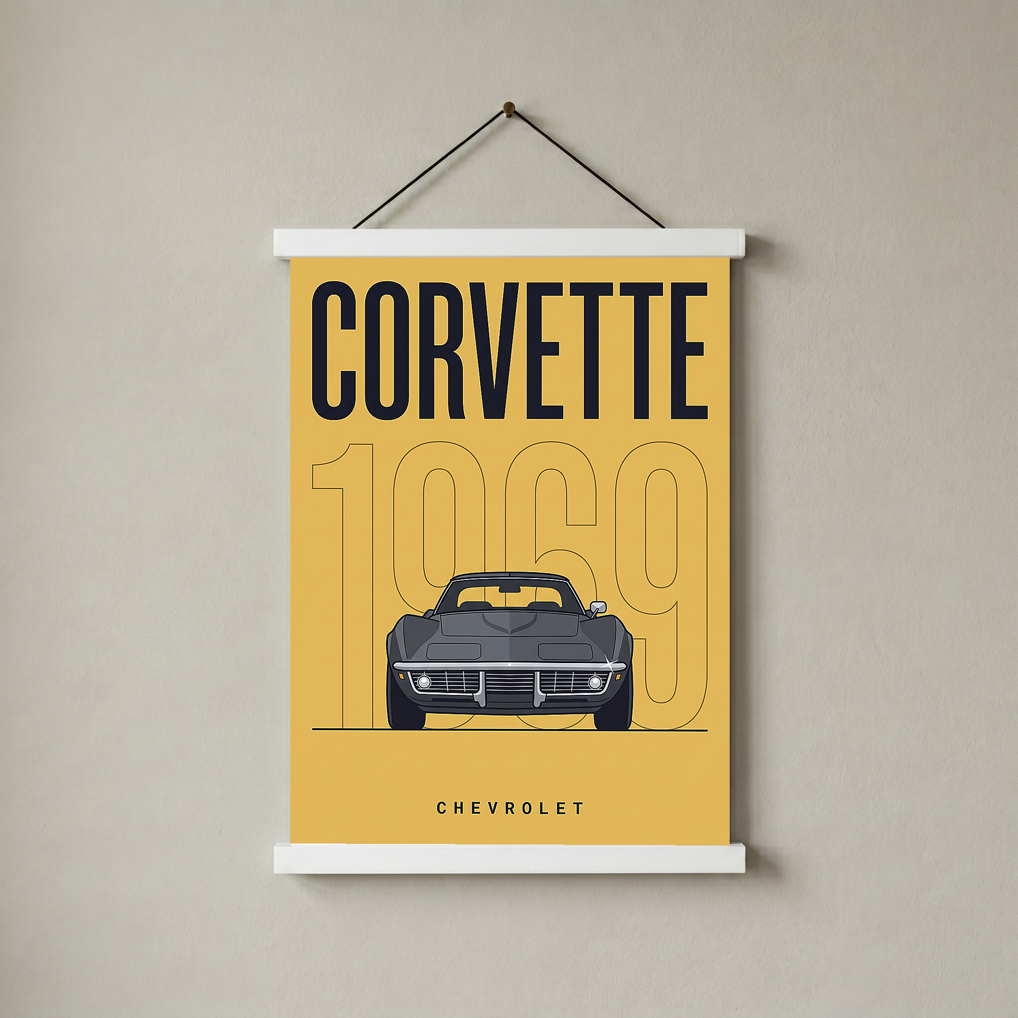 Chevrolet Corvette 1969 V2 Yellow Minimalist Poster — Muscle Car Line Art