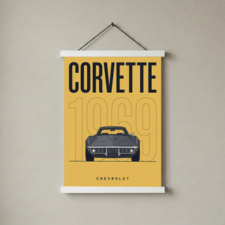 Chevrolet Corvette 1969 V2 Yellow Minimalist Poster — Muscle Car Line Art
