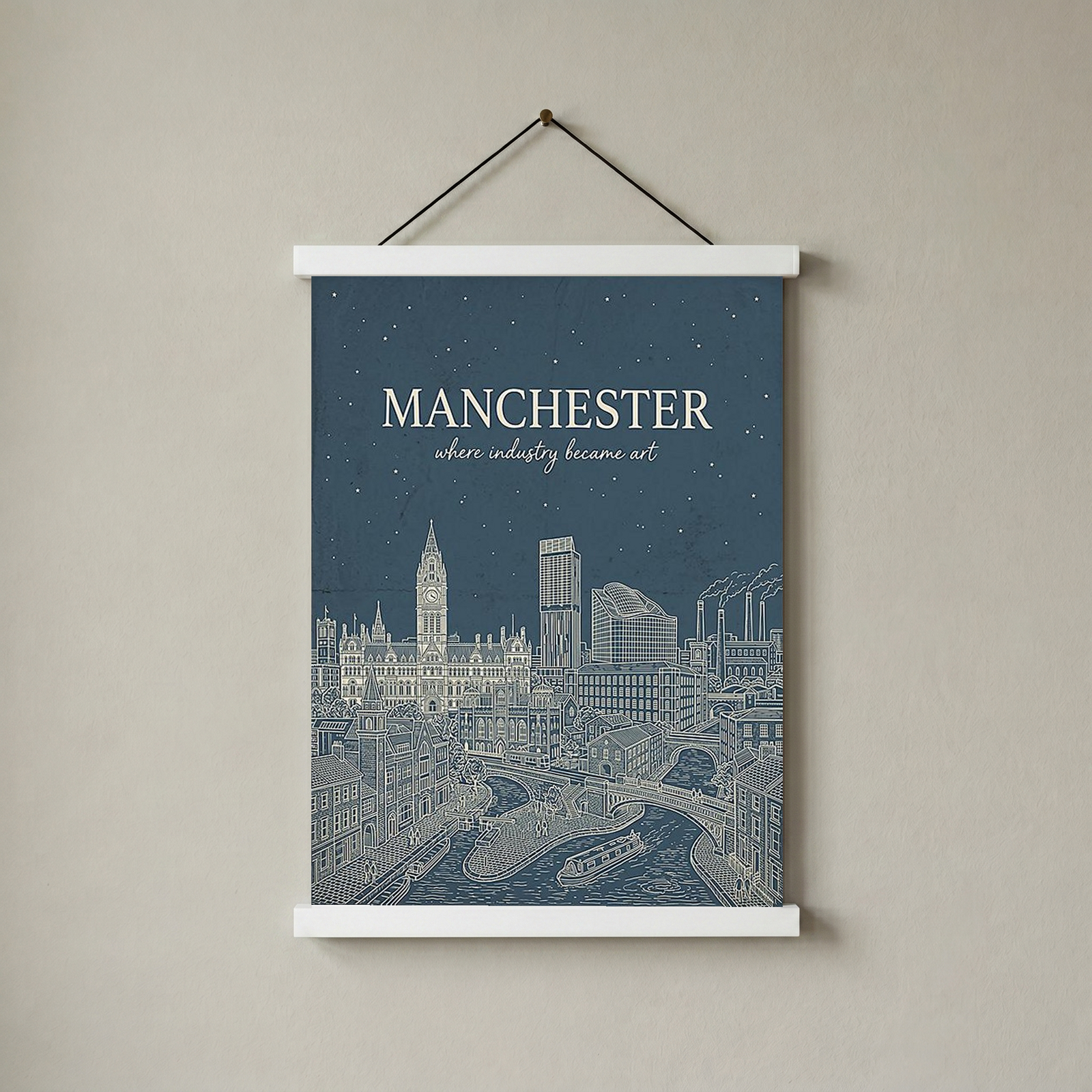 Manchester Line Art Print — Slate Blue Town Hall Industrial Skyline Wall Art