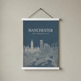 Manchester Line Art Print — Slate Blue Town Hall Industrial Skyline Wall Art