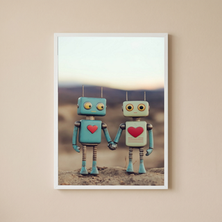 Tin Can Love Wall Art Print — Whimsical Robot Romance Poster