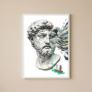 Ocean's Hokusai — Surreal Poseidon Bust Wall Art Print