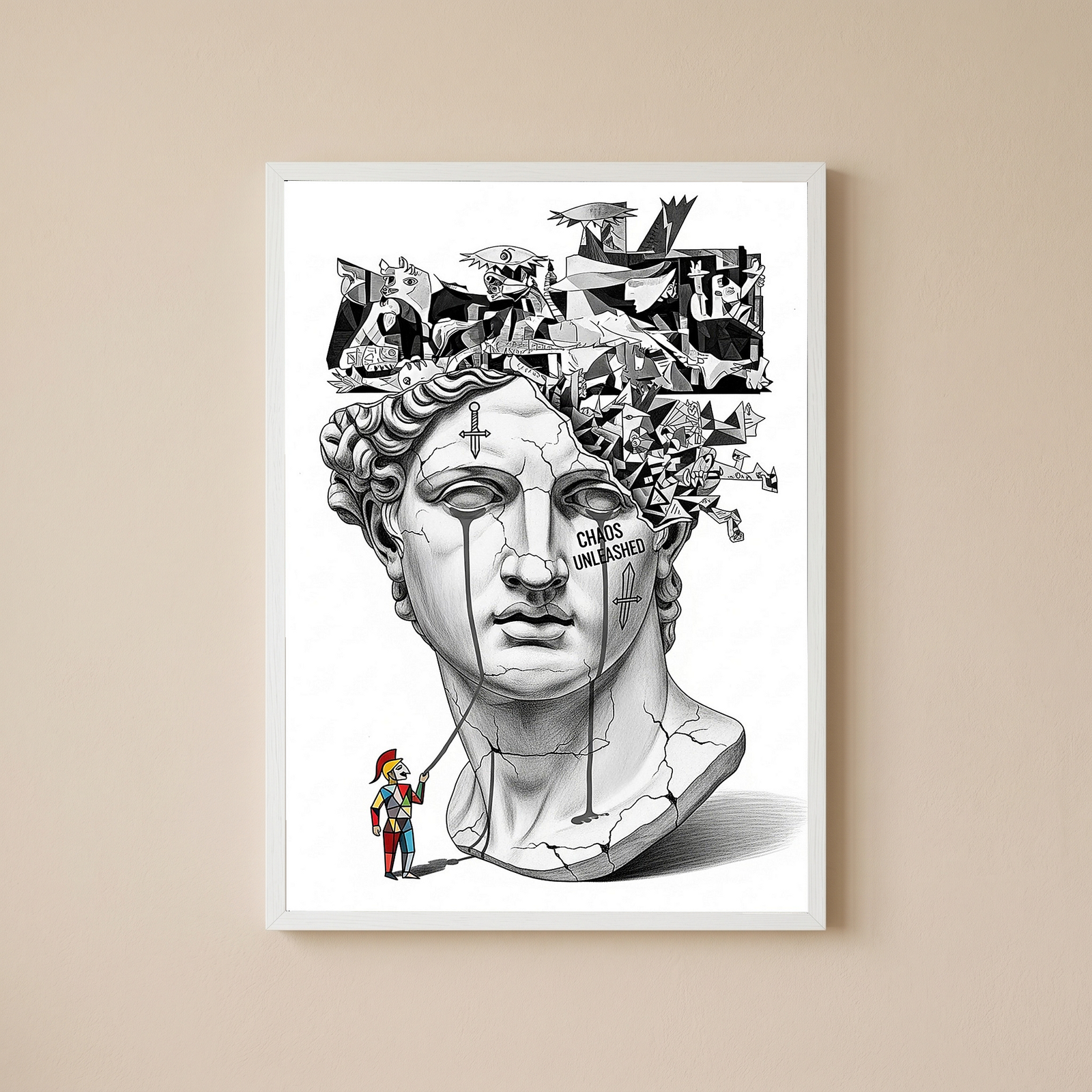 Chaos Unleashed — Surreal David Bust Meets Picasso's Guernica Wall Art Print