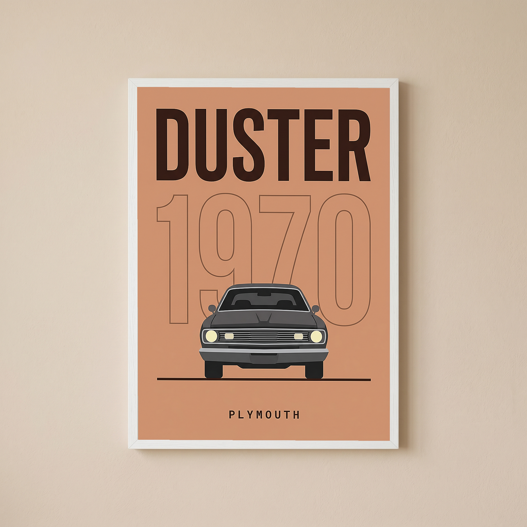 Plymouth Duster 1970 Minimalist Poster — Terracotta Muscle Car Line Art