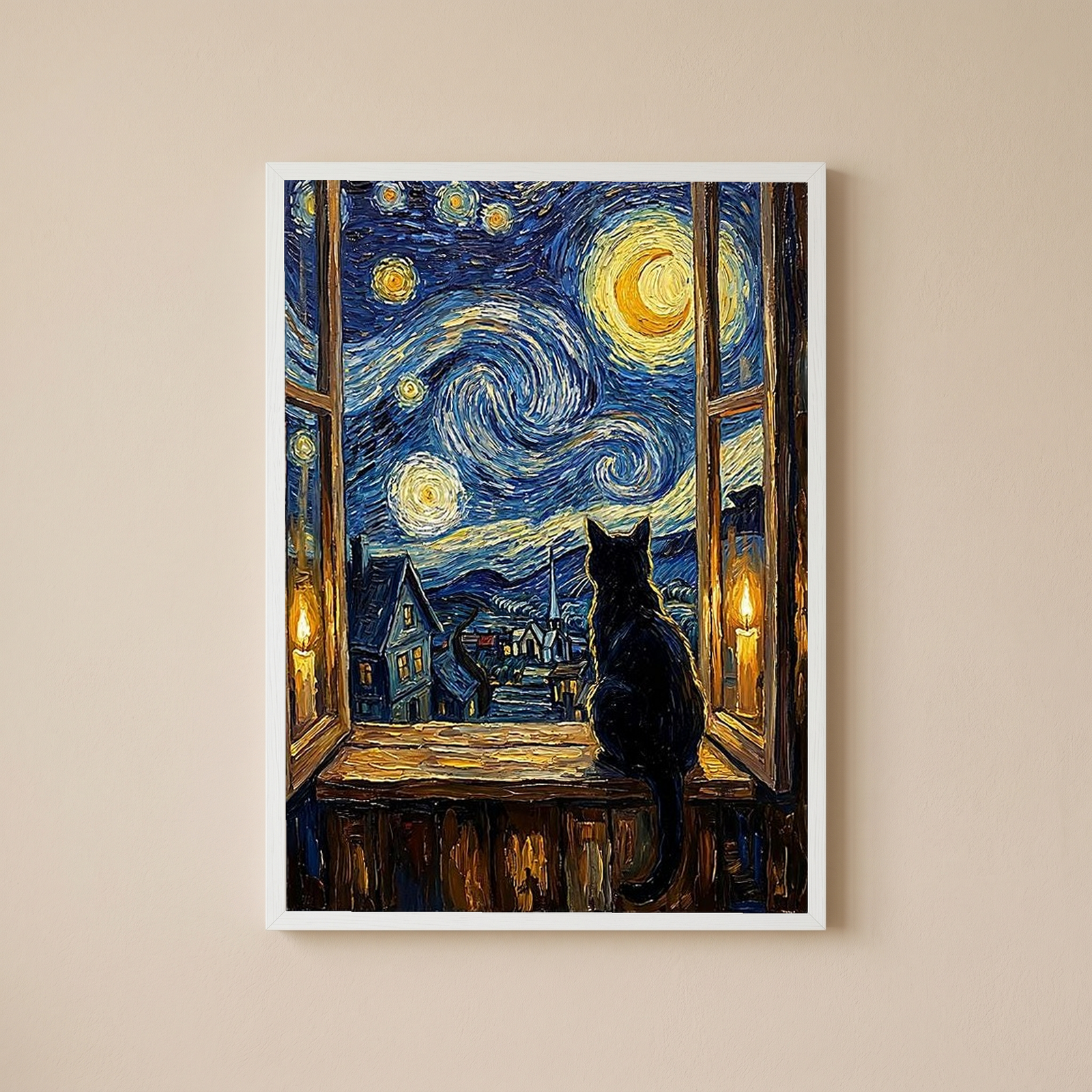 Black Cat Window Print — Van Gogh Starry Night Cozy Cottage Wall Art