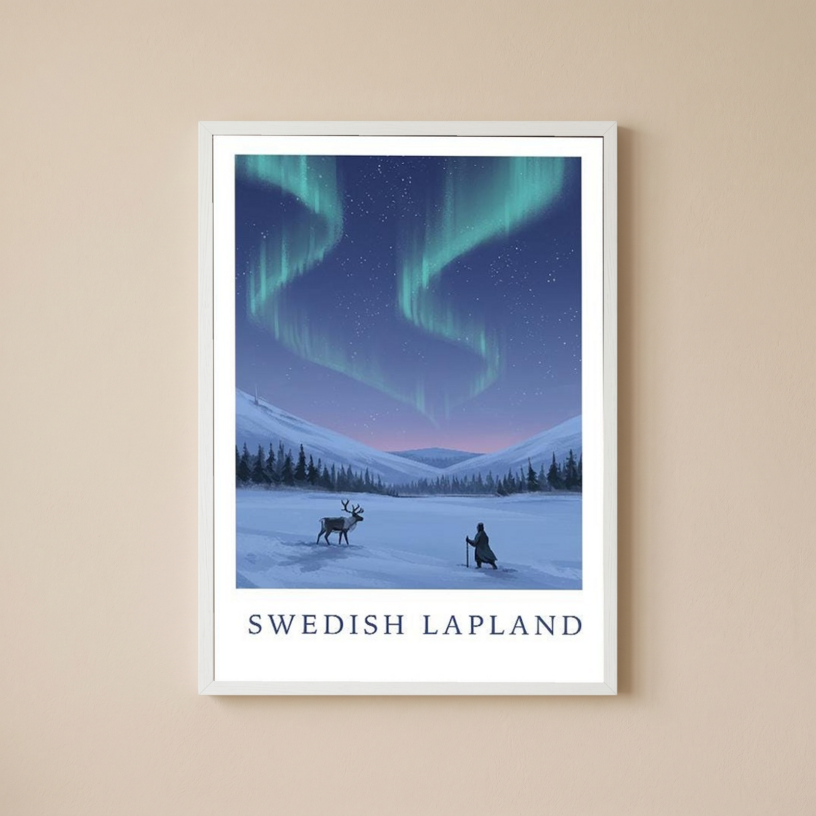 Swedish Lapland Travel Poster — Northern Lights Reindeer Sami Print