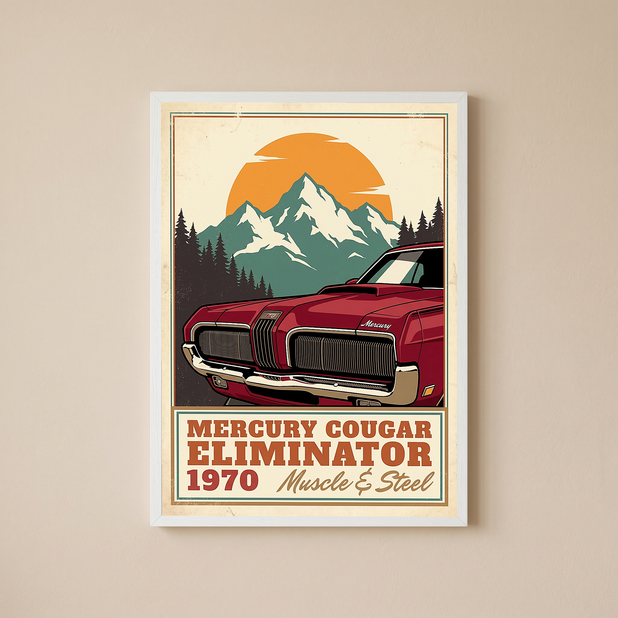 Mercury Cougar Eliminator 1970 V3 Poster — Vintage Muscle Front Grille Mountain Print