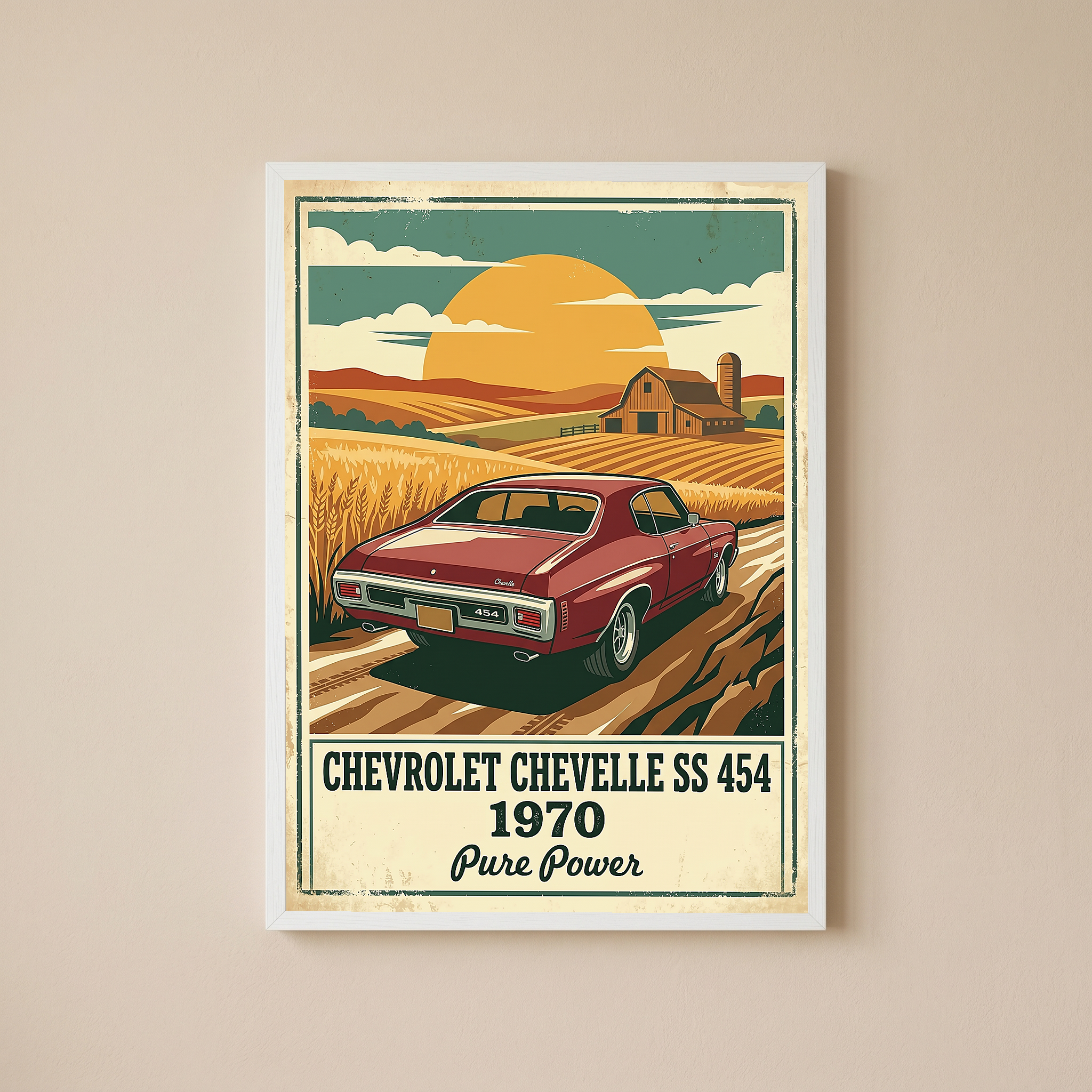 Chevrolet Chevelle SS 454 1970 V3 Poster — Vintage Muscle Car Wheat Field Barn Print