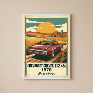 Chevrolet Chevelle SS 454 1970 V3 Poster — Vintage Muscle Car Wheat Field Barn Print