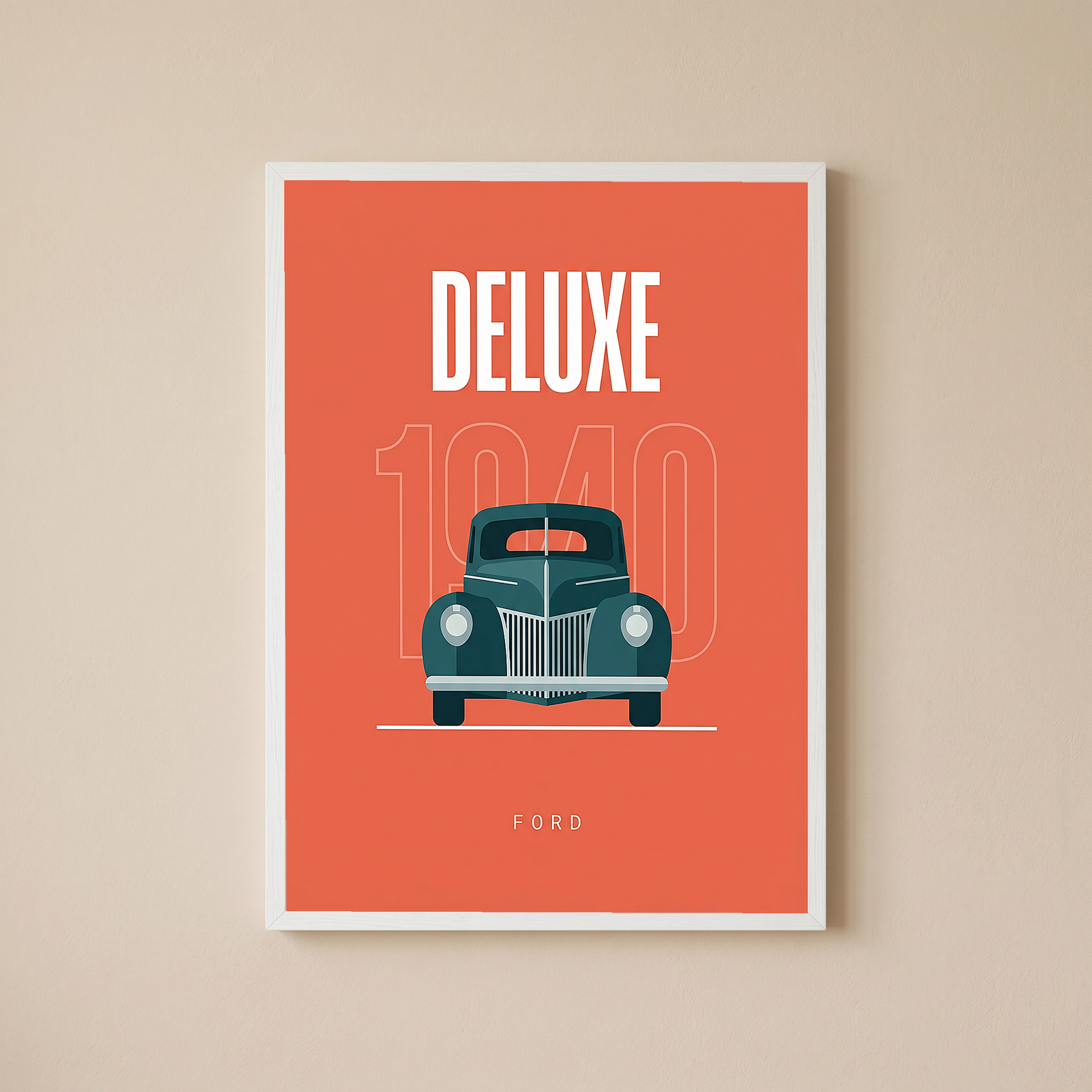 Ford Deluxe 1940 Minimalist Poster — Coral Pre-War Classic Line Art