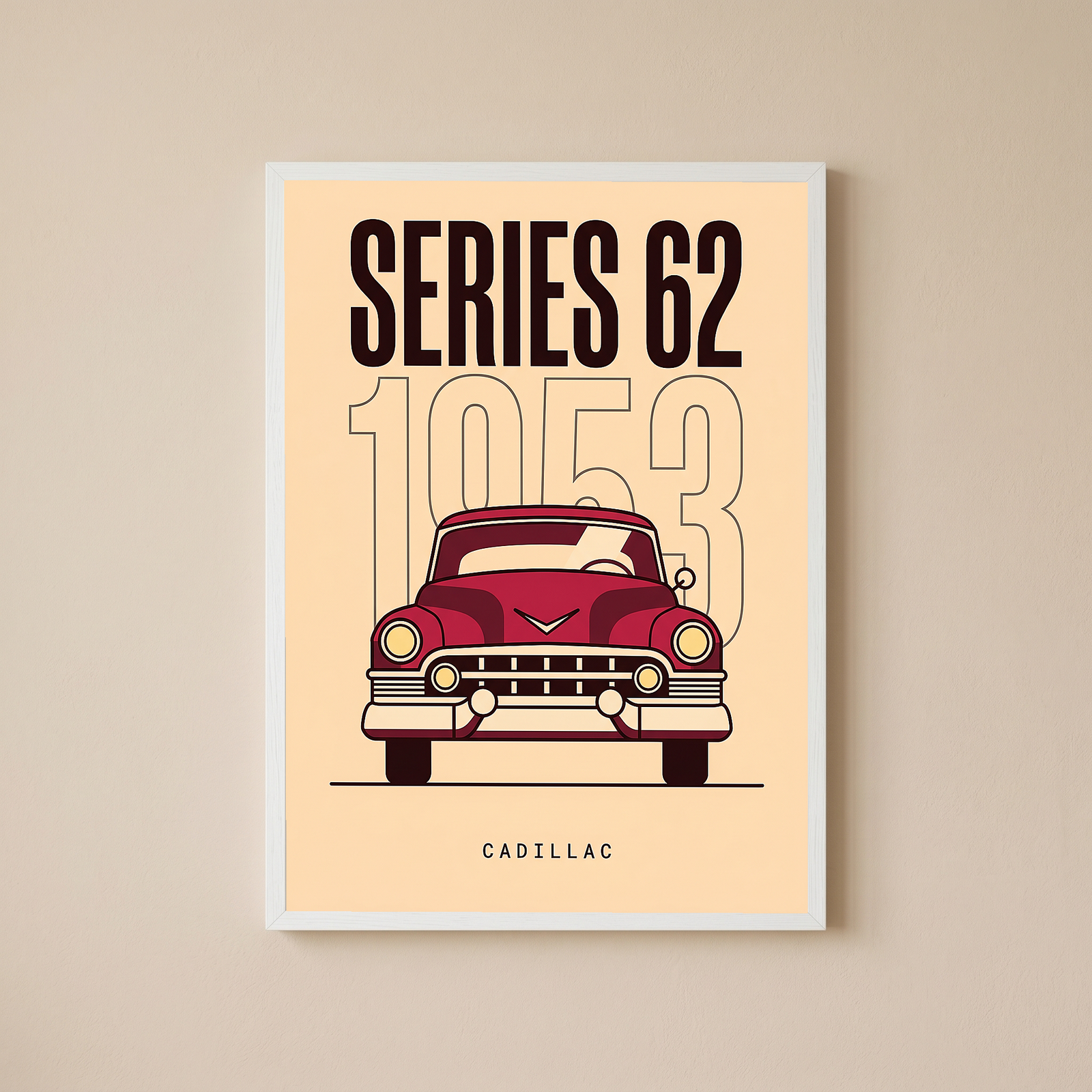 Cadillac Series 62 1953 Minimalist Poster — Cream Classic Car Line Art