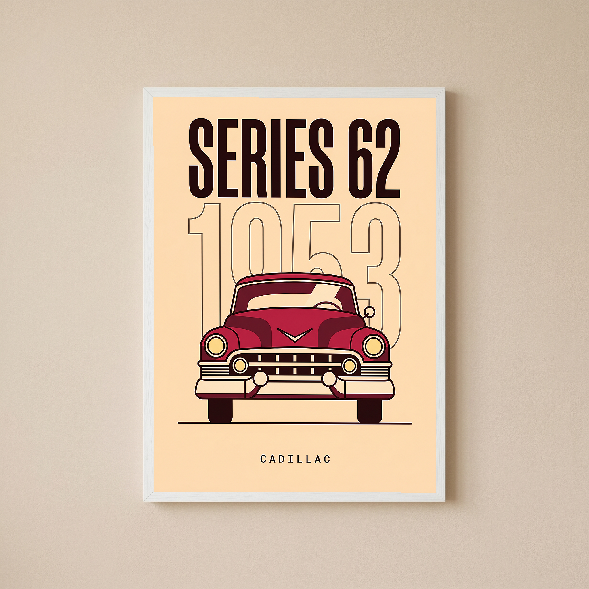 Cadillac Series 62 1953 Minimalist Poster — Cream Classic Car Line Art
