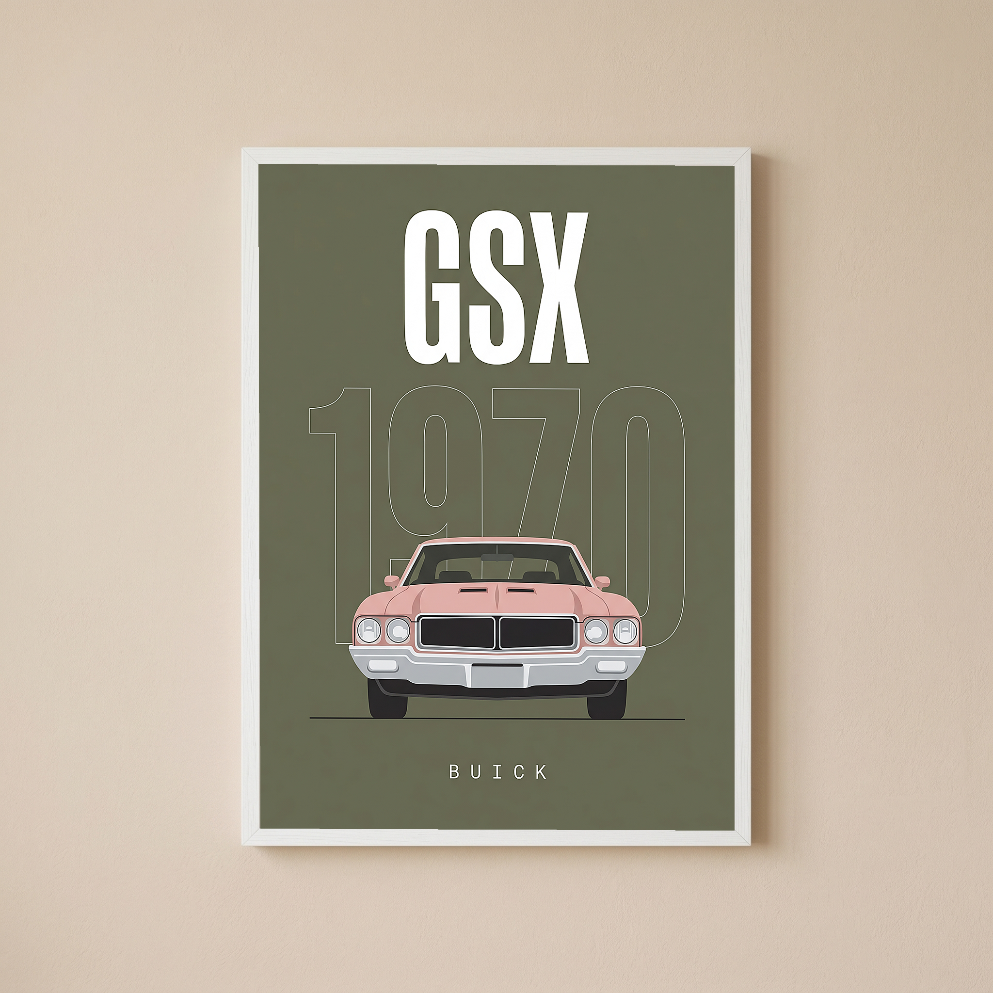 Buick GSX 1970 Minimalist Poster — Olive Sage Muscle Car Line Art