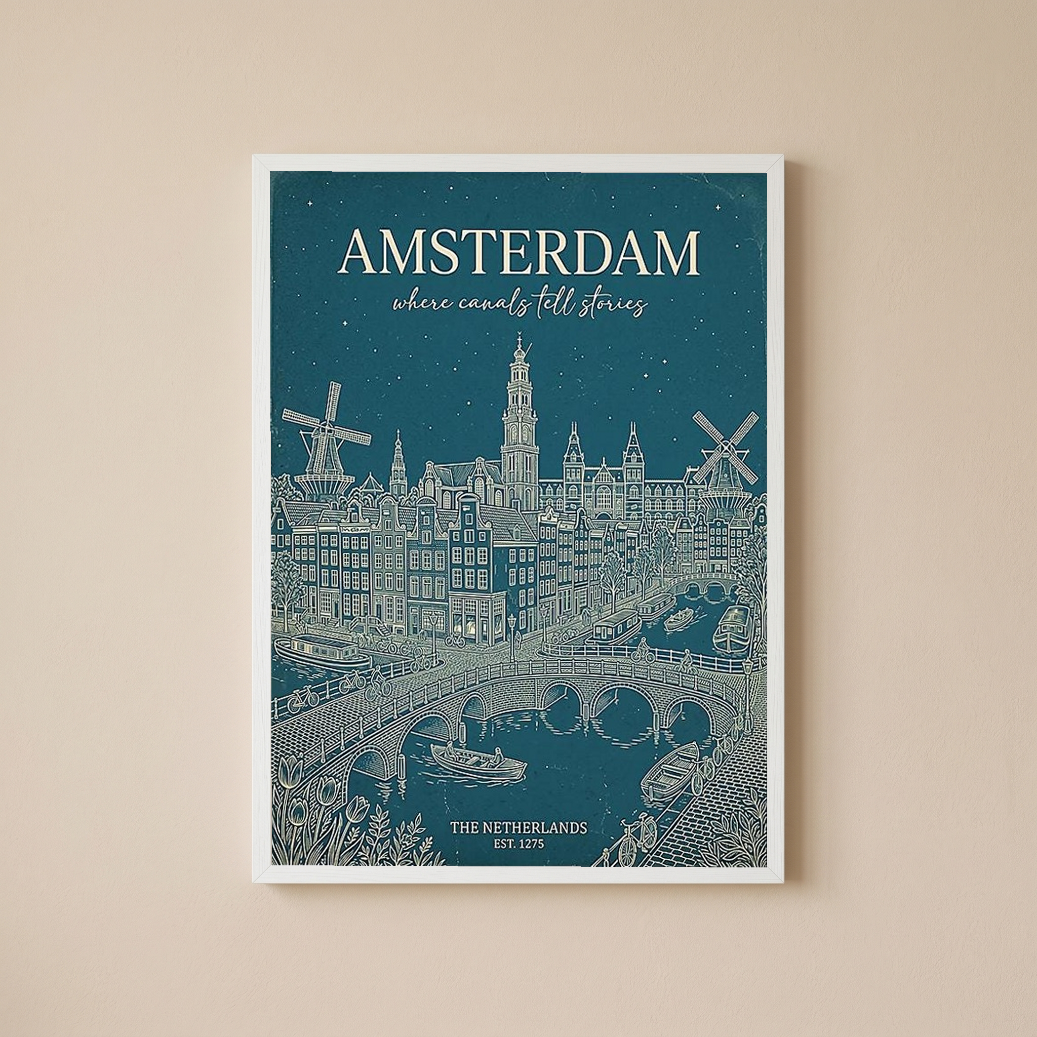 Amsterdam Line Art Print — Teal Canal Windmill Skyline Wall Art