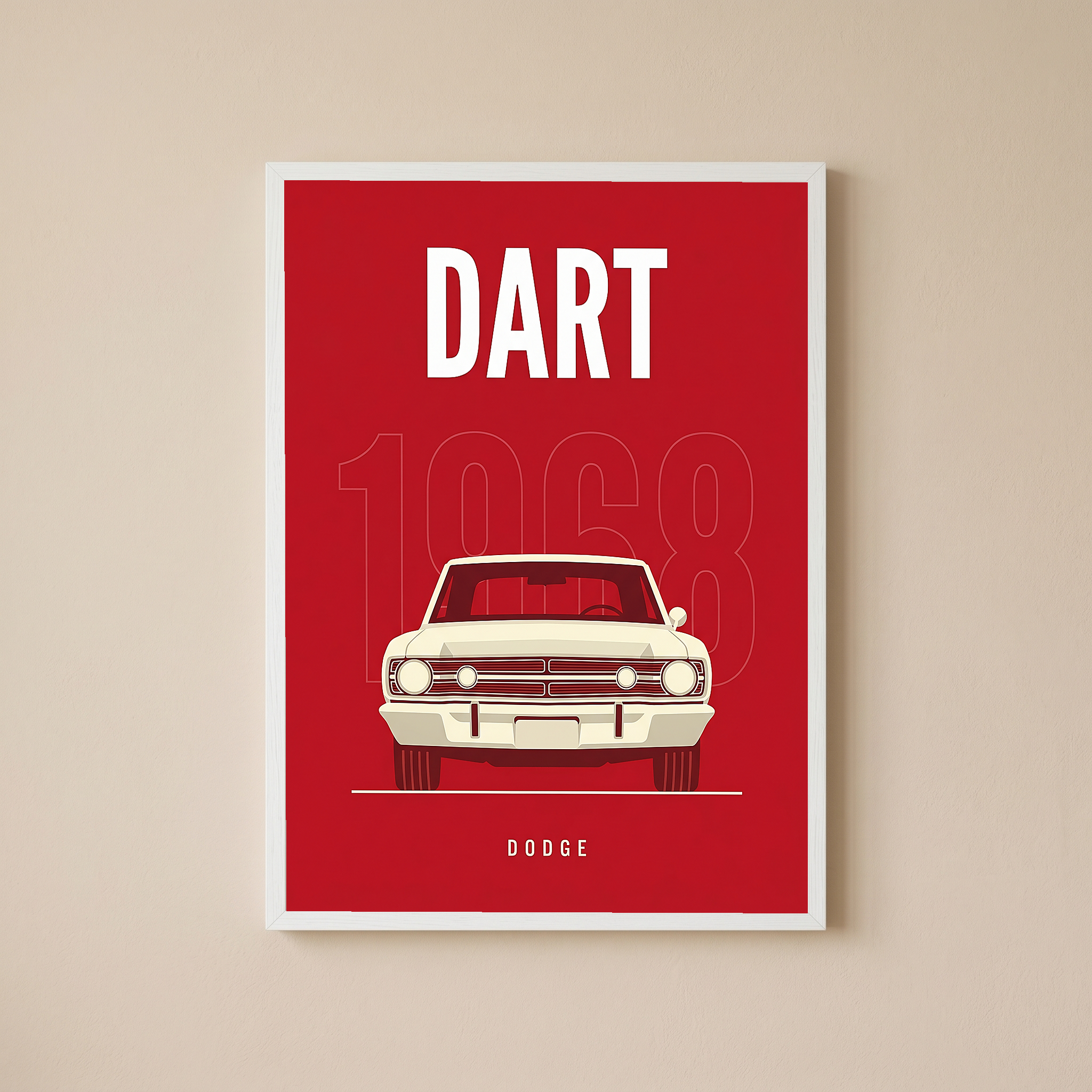 Dodge Dart 1968 Minimalist Poster — Ivory on Cherry Red Muscle Line Art