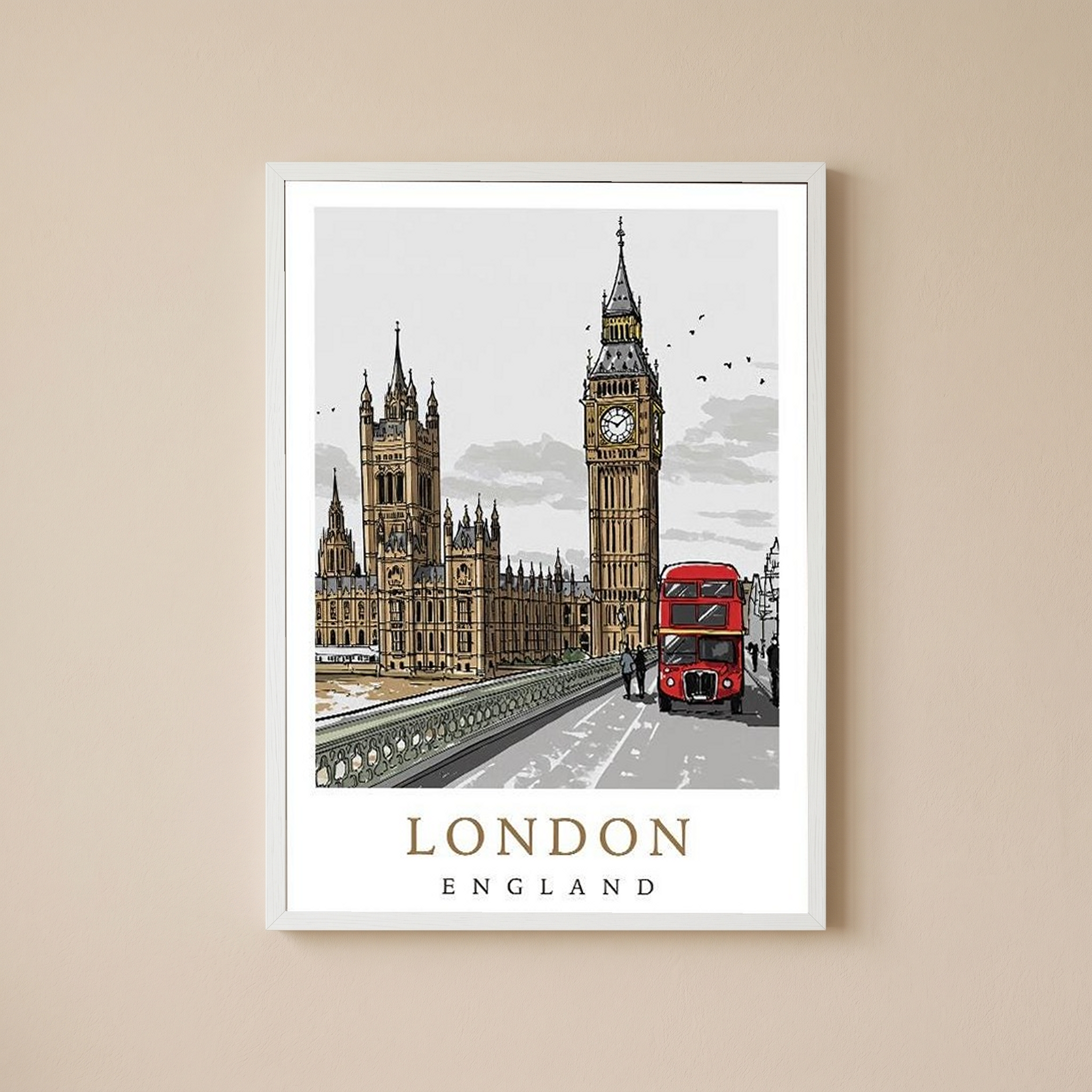 London Travel Poster — Big Ben Houses of Parliament Red Bus Print