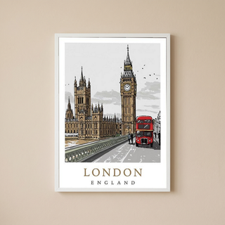 London Travel Poster — Big Ben Houses of Parliament Red Bus Print