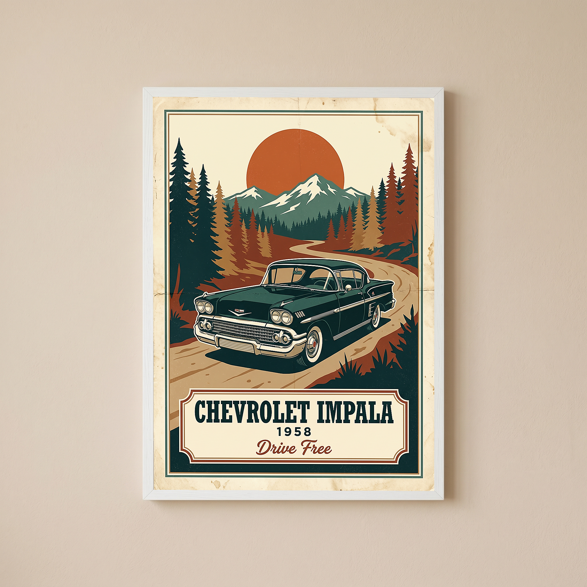 Chevrolet Impala 1958 Poster — Vintage Muscle Mountain Pine Sunset Print