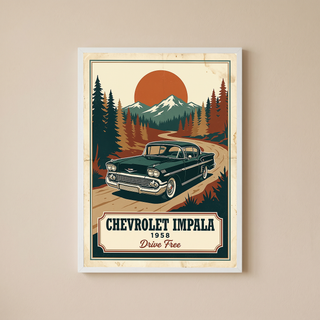 Chevrolet Impala 1958 Poster — Vintage Muscle Mountain Pine Sunset Print