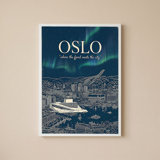 Oslo Line Art Print — Navy Opera House Fjord Aurora Borealis Skyline Wall Art
