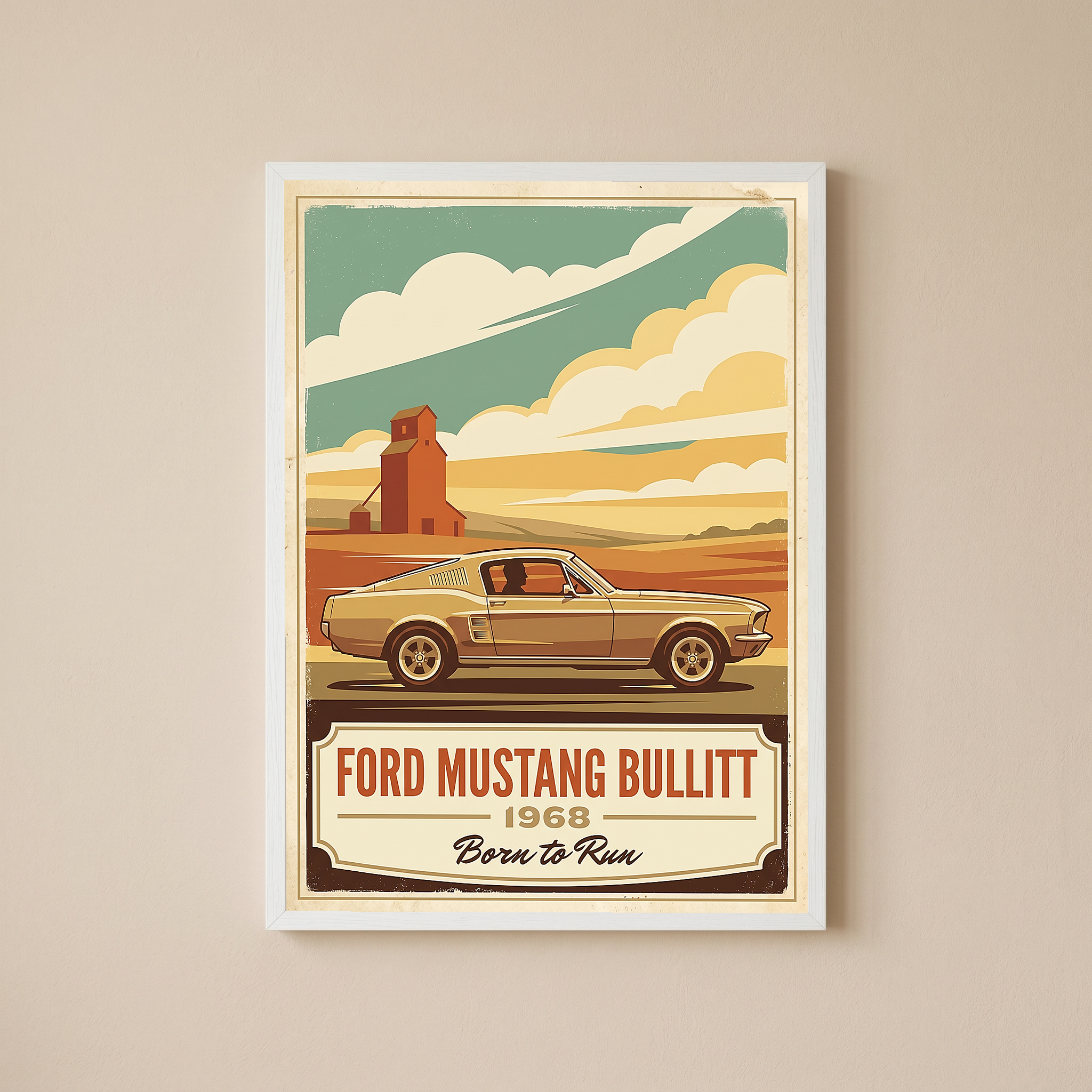 Ford Mustang Bullitt 1968 V2 Poster — Vintage Muscle Country Silo Print