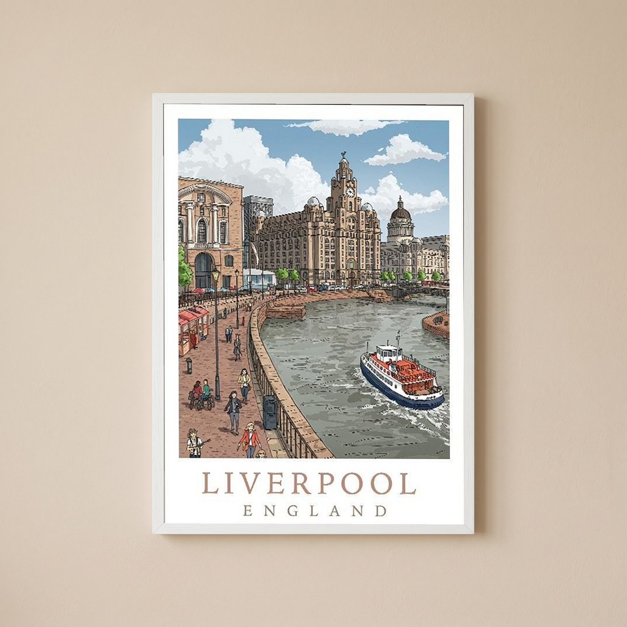 Liverpool England Travel Poster — Pier Head Liver Building Waterfront Print