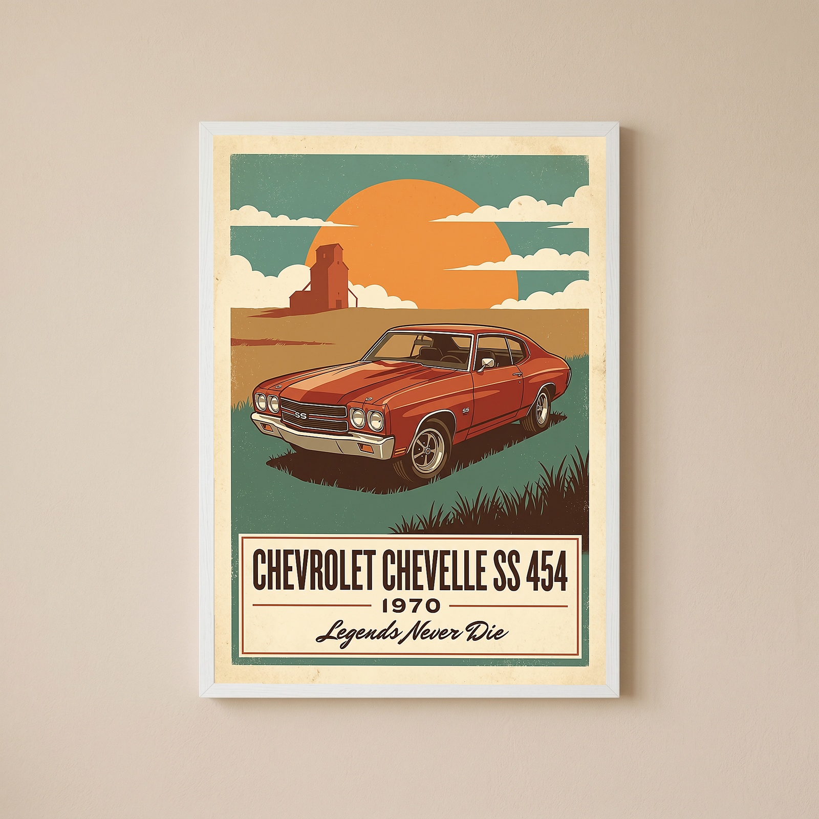 Chevrolet Chevelle SS 454 1970 V8 Sunset Silo Poster — Vintage Muscle Heartland Print