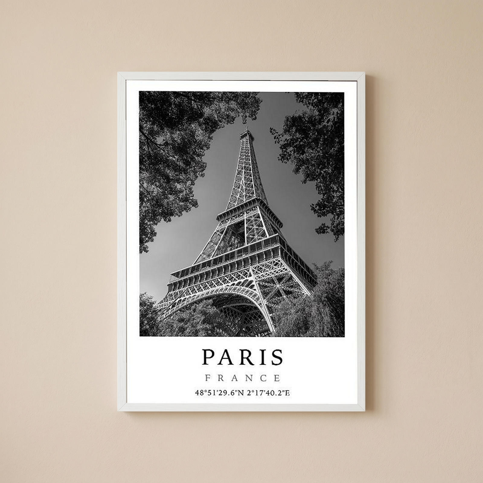 Paris Eiffel Tower Poster — Black and White France Coordinates Print
