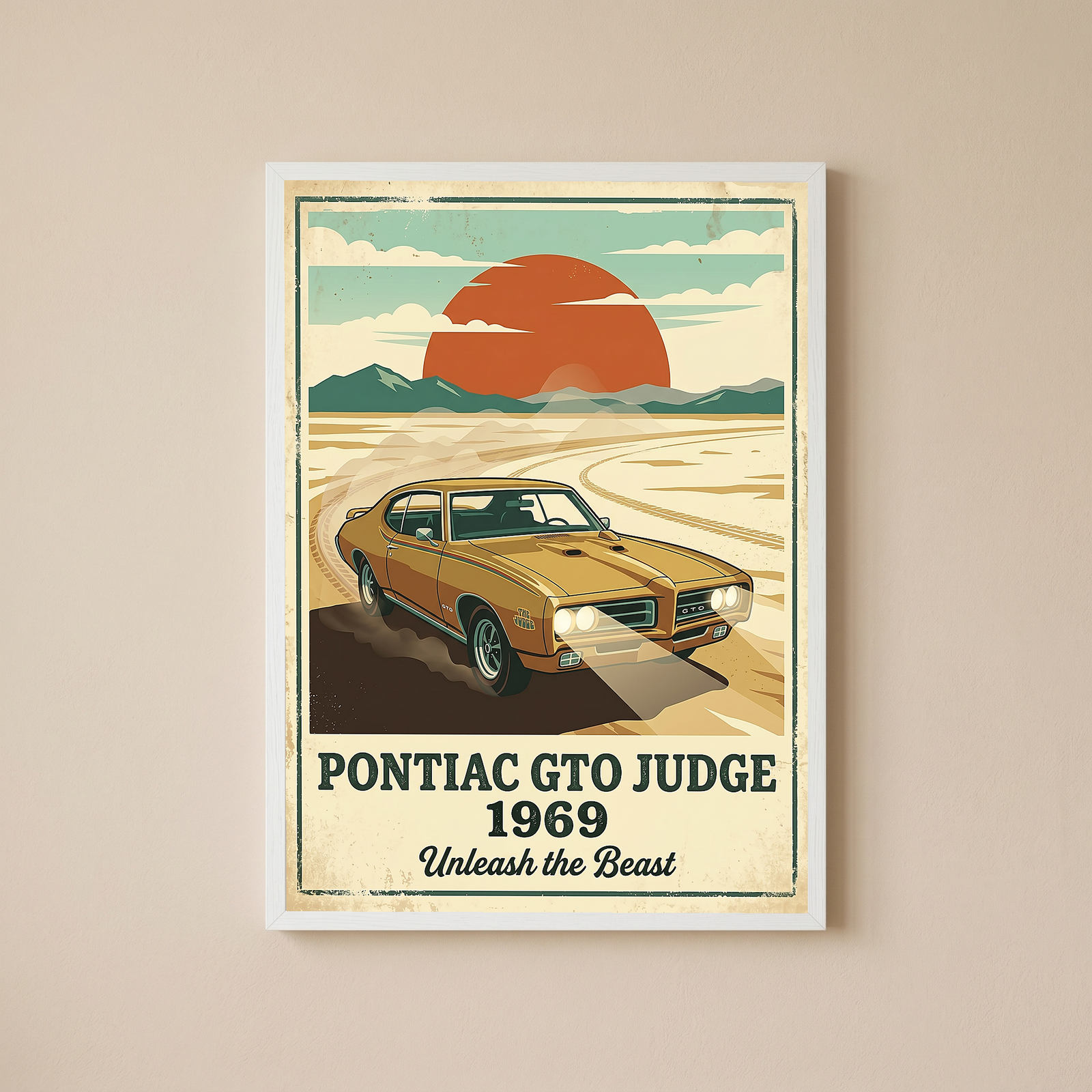 Pontiac GTO Judge 1969 V2 Poster — Vintage Muscle Car Desert Sunset Print