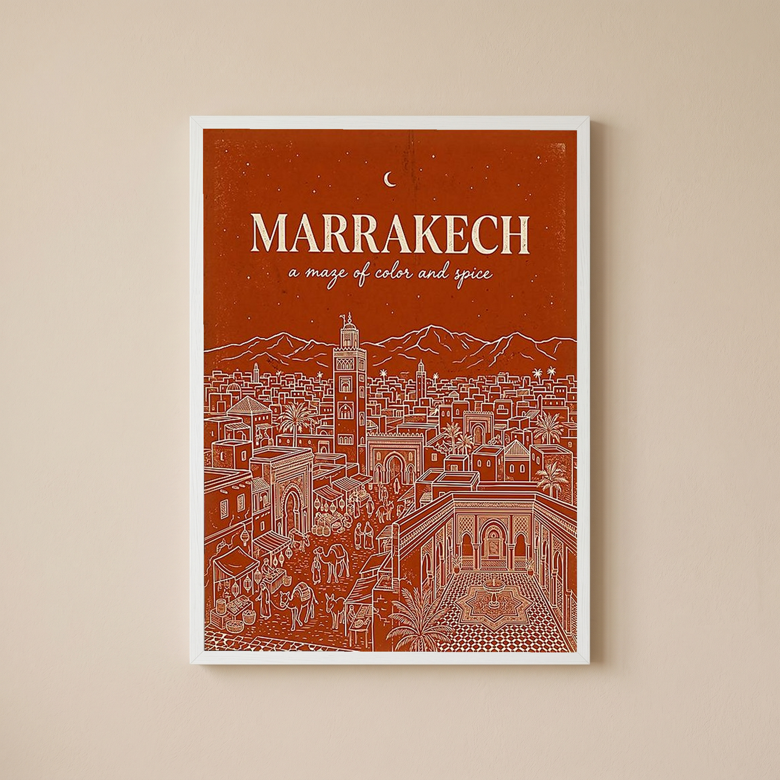 Marrakech Line Art Print — Terracotta Koutoubia Medina Skyline Wall Art