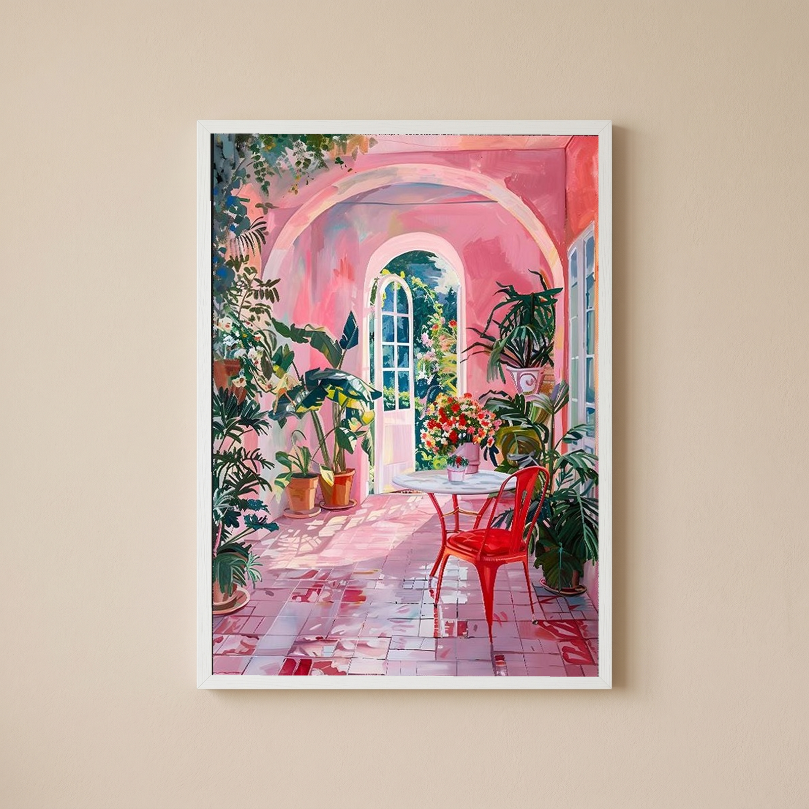 Pink Botanical Archway Painting — Lush Indoor Garden Conservatory Poster
