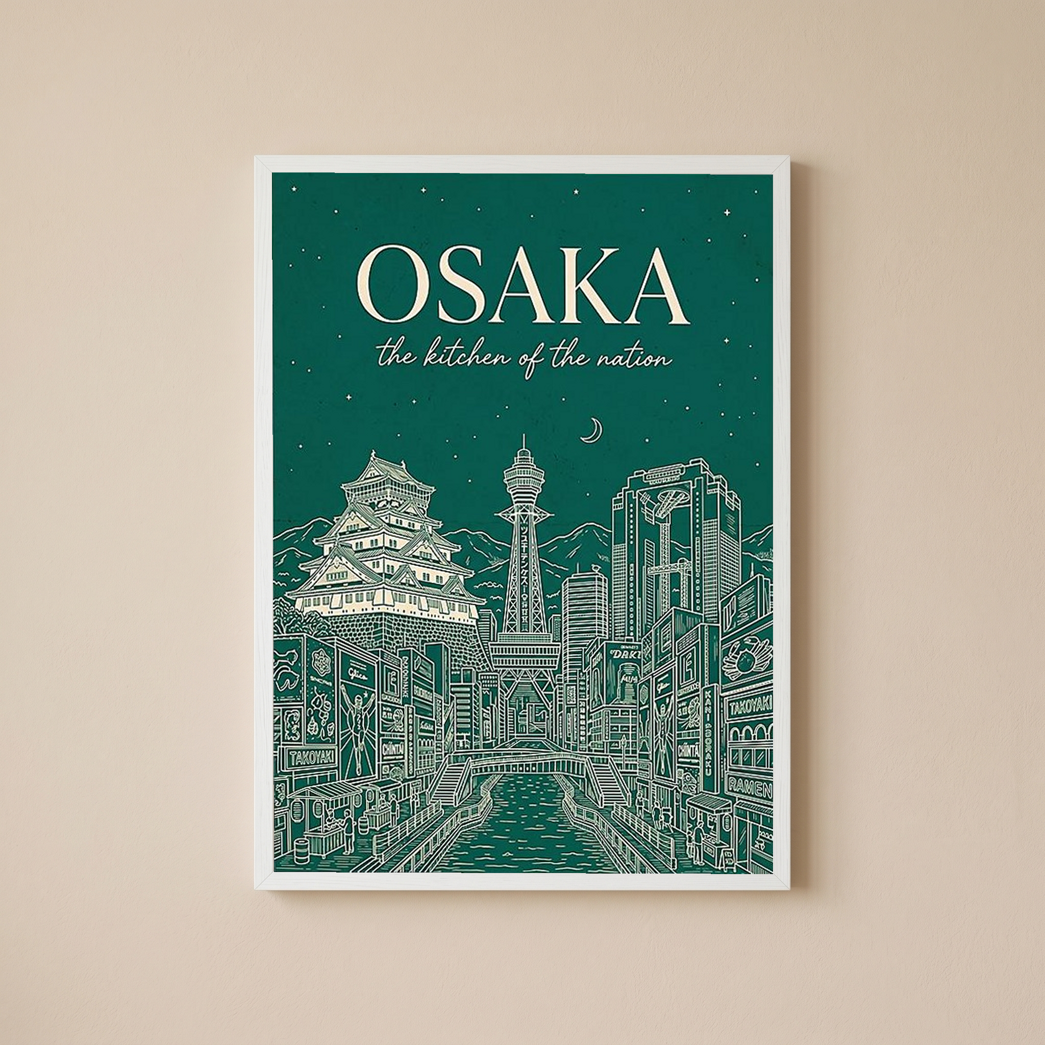 Osaka Line Art Print — Forest Green Osaka Castle Tsutenkaku Dotonbori Wall Art