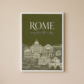 Rome Line Art Print — Olive Green Colosseum Vatican Skyline Wall Art