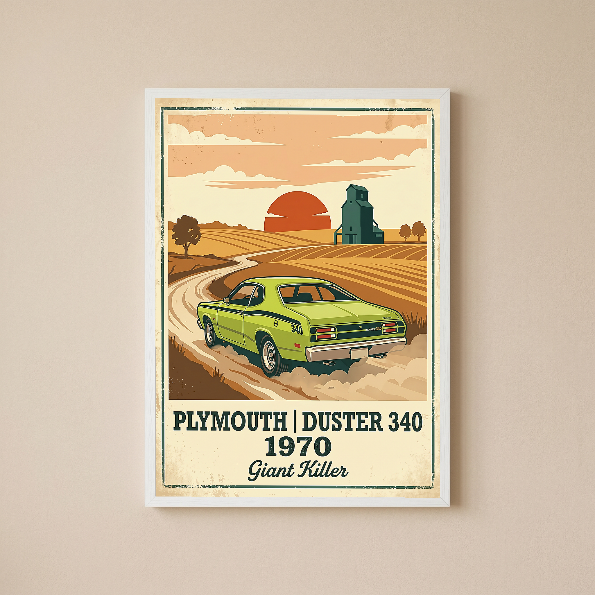 Plymouth Duster 340 1970 Poster — Vintage Muscle Car Country Wheat Print