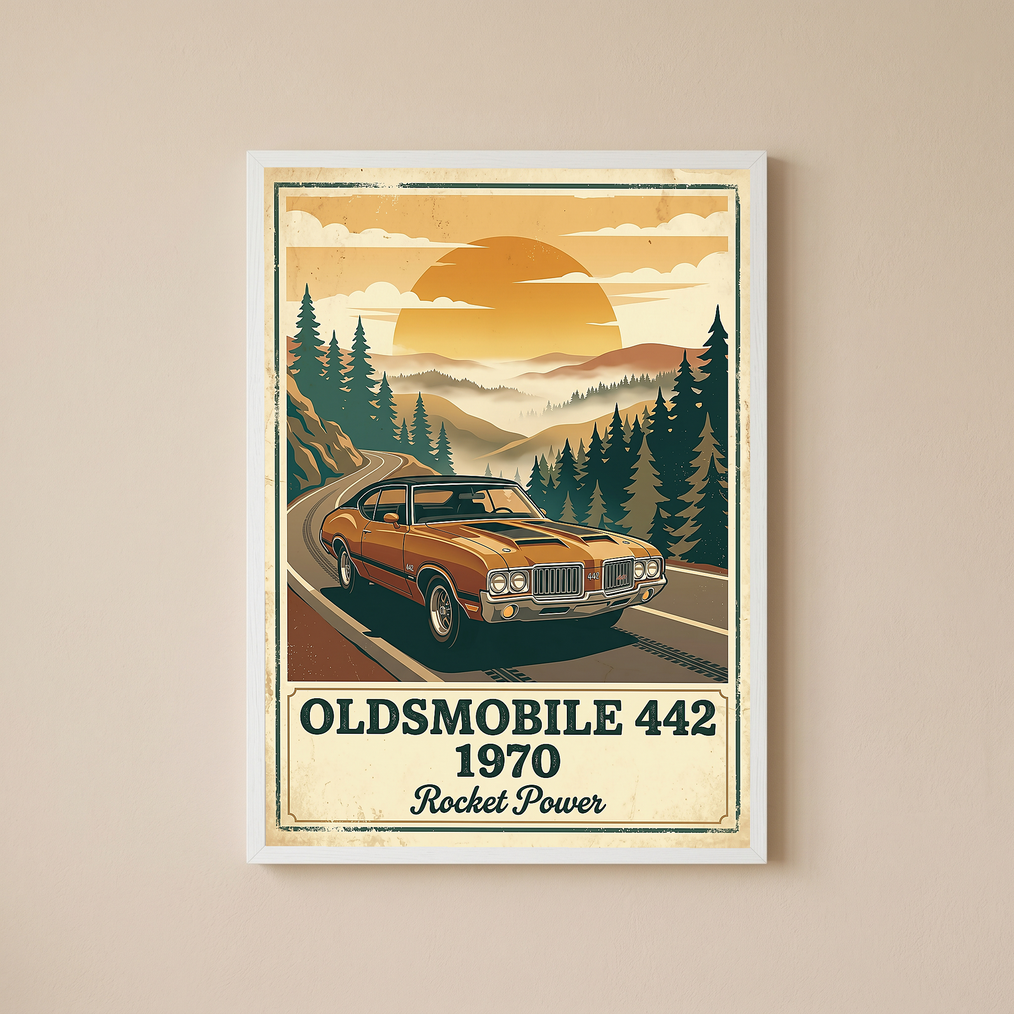 Oldsmobile 442 1970 Poster — Vintage Muscle Car Mountain Pine Print