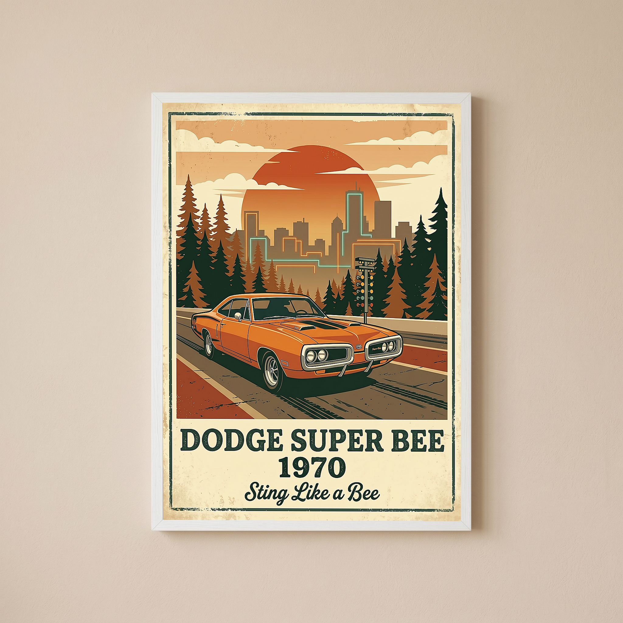 Dodge Super Bee 1970 Poster — Vintage Muscle Car City Skyline Print