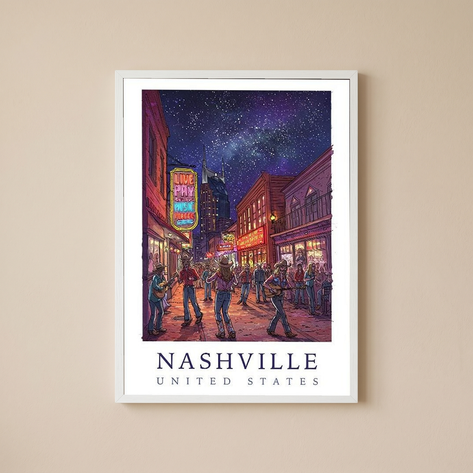 Nashville Travel Poster — Music City Broadway Honky Tonks Night Print
