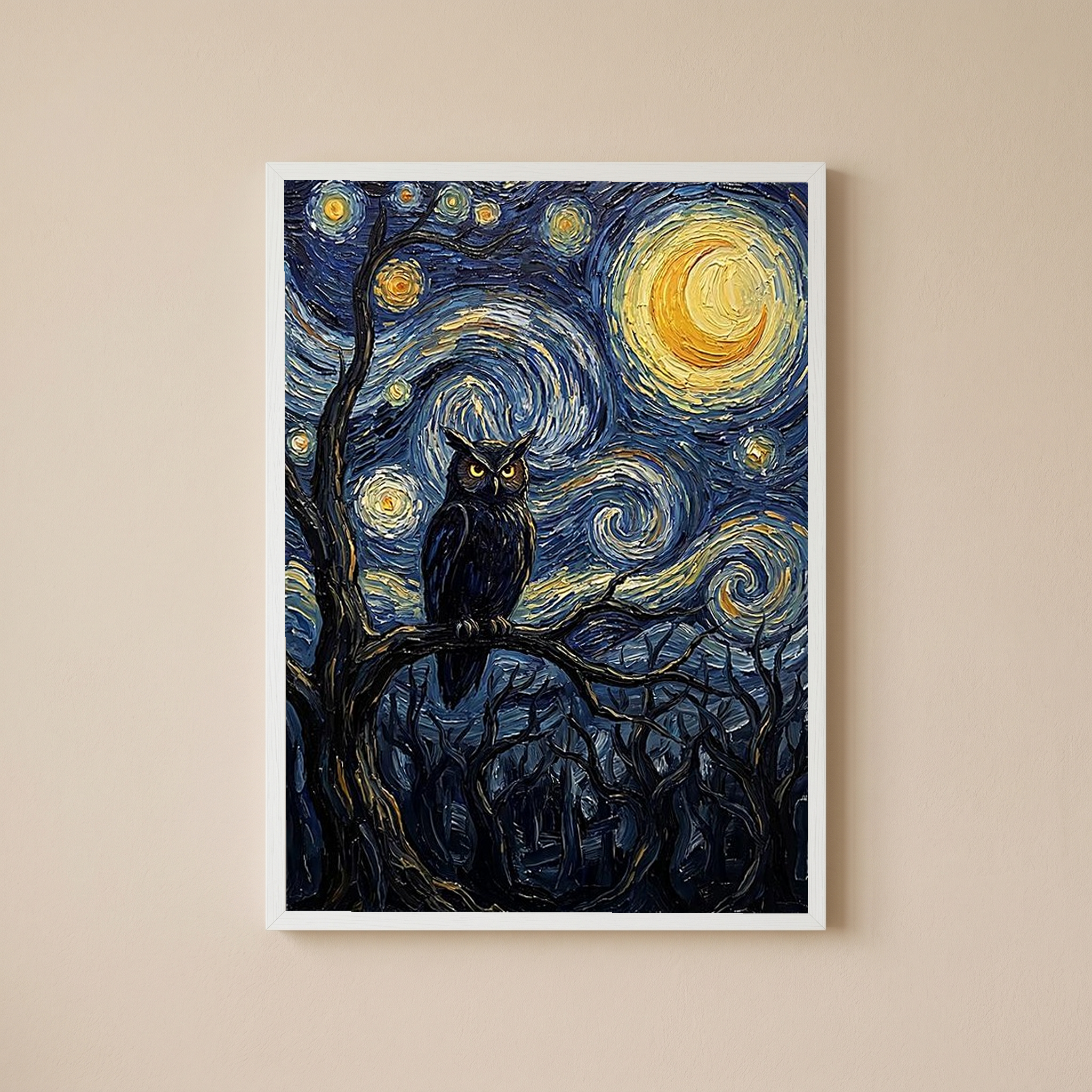 Wise Owl Starry Night Print — Van Gogh-Style Mystical Forest Wall Art