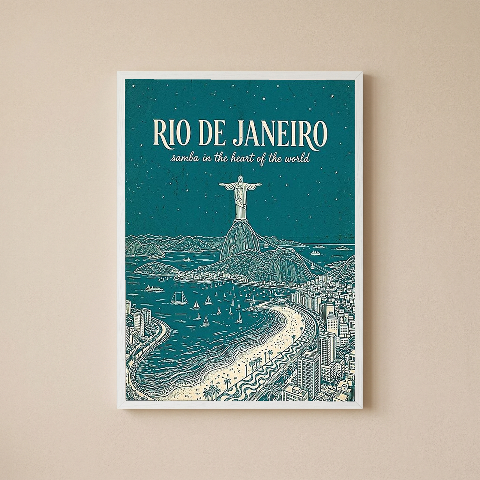 Rio de Janeiro Line Art Print — Teal Christ the Redeemer Copacabana Wall Art