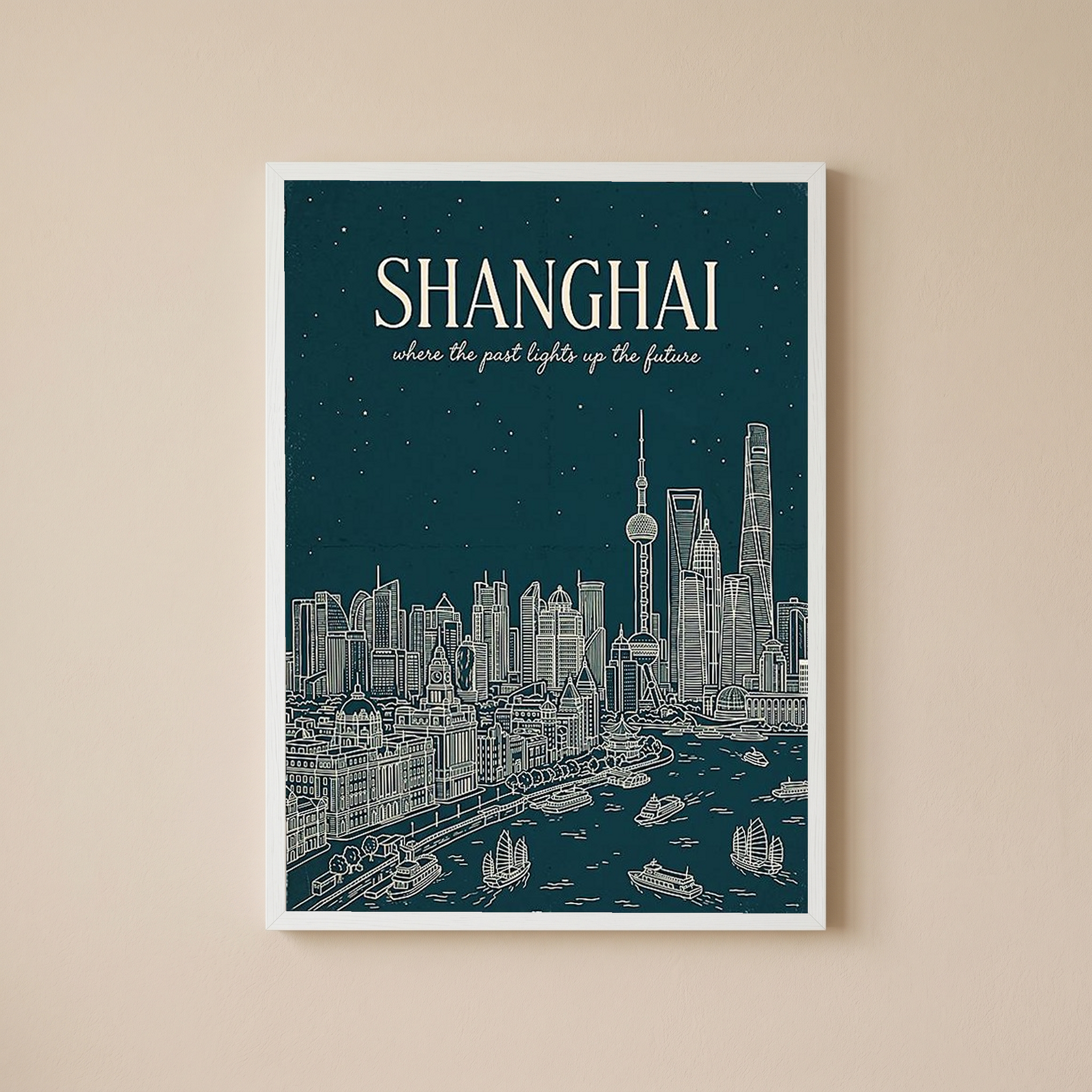 Shanghai Line Art Print — Teal Oriental Pearl Tower The Bund Skyline Wall Art
